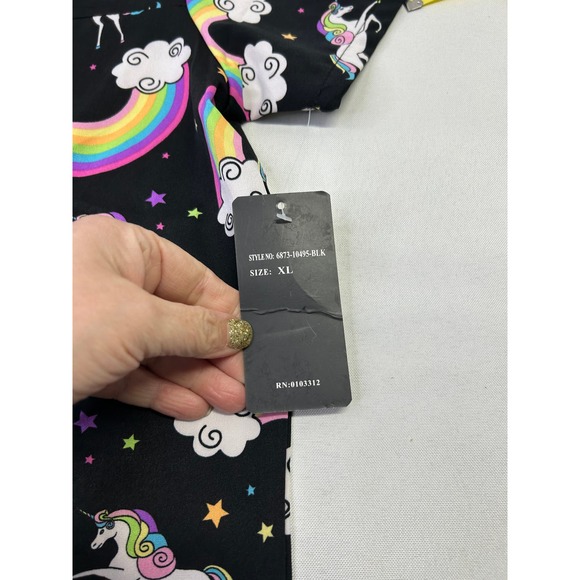 Just Love Women's XL Black V-Neck T-Shirt Unicorn Rainbow Scrub Top NWT - Picture 3 of 6